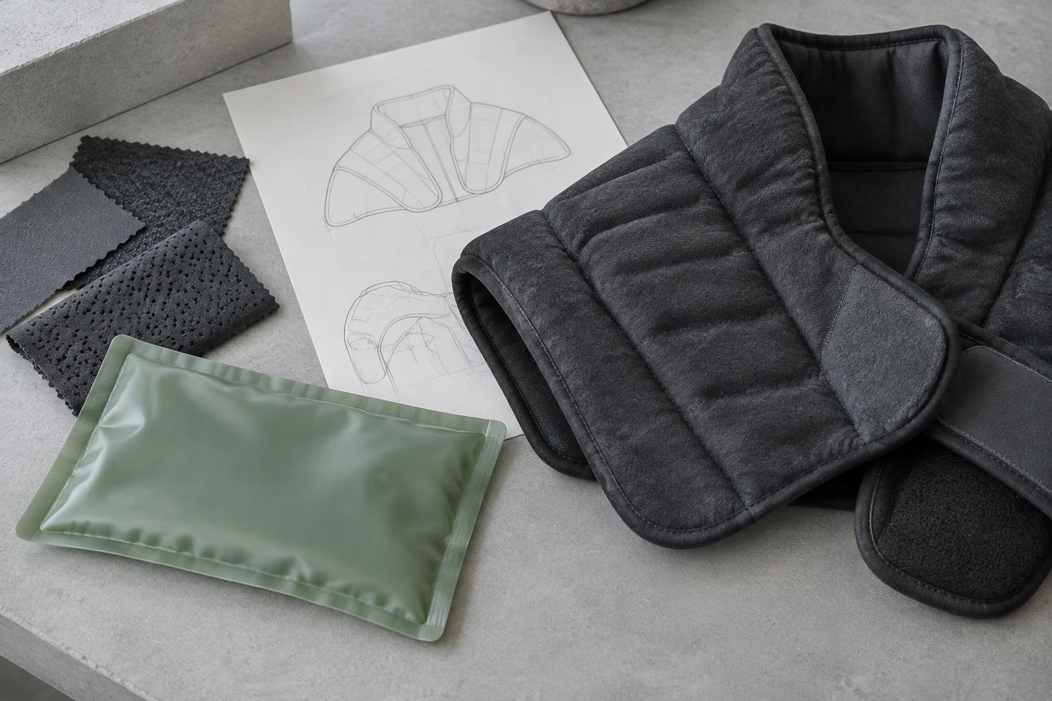 Heating wrap, cooling sample and material swatches alongside a product concept sketch